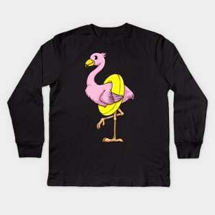 Cute Flamingo is swimming with a swimming ring Kids Long Sleeve T-Shirt